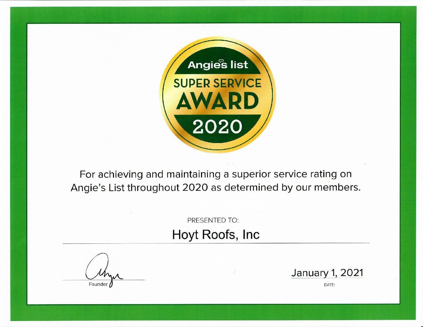 Angie’s List Roofers Super Service Award